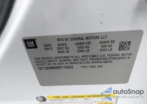 2013 Chevrolet Malibu Eco z USA, uszkodzony, nr VIN 1G11D5RR0DF116933